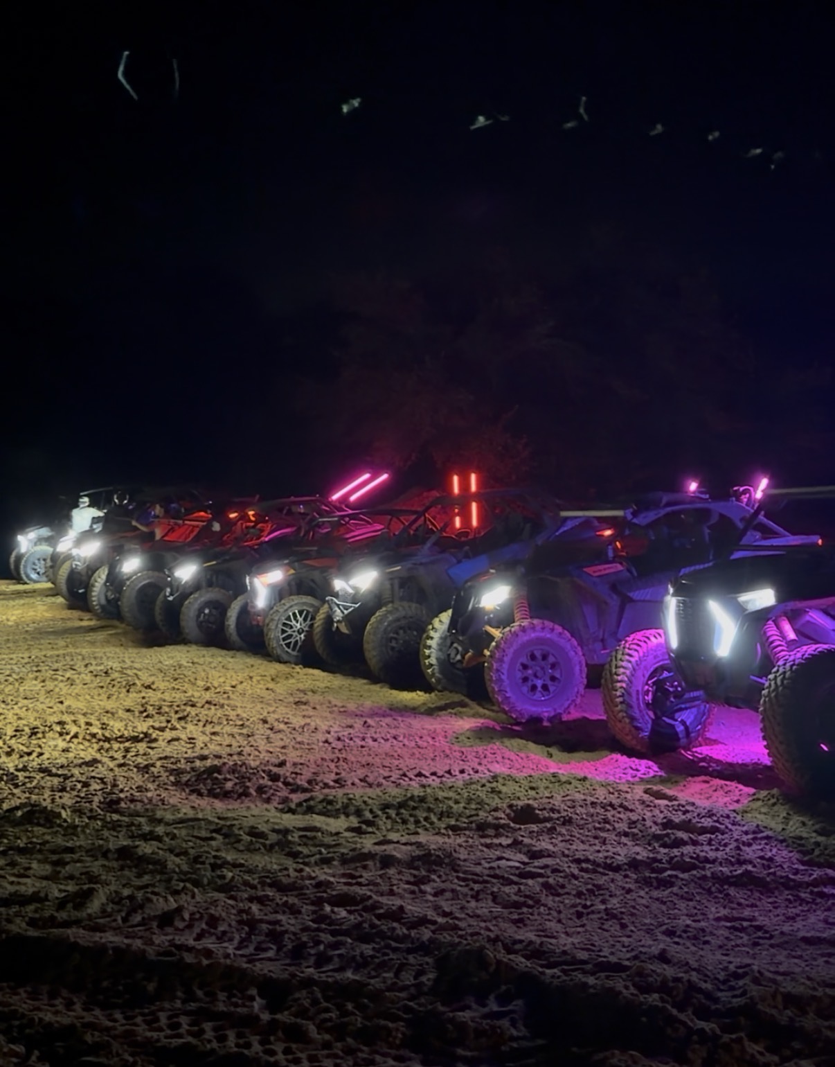 Side-by-sides lined up at night with LED whips