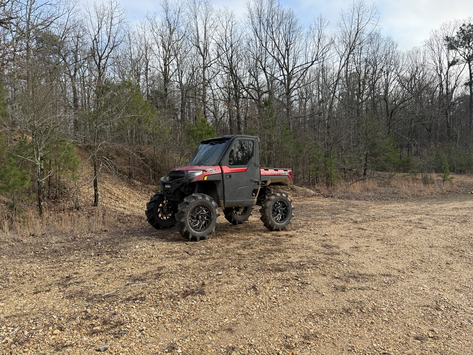 Lifted red Polaris Ranger